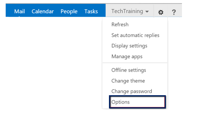 outlook web app tools menu, options selected