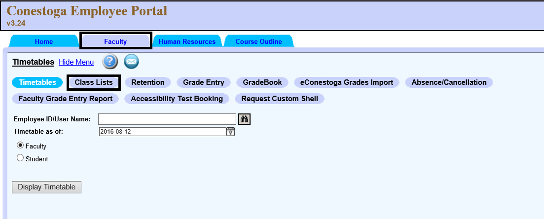 employee portal faculty tab, class list button