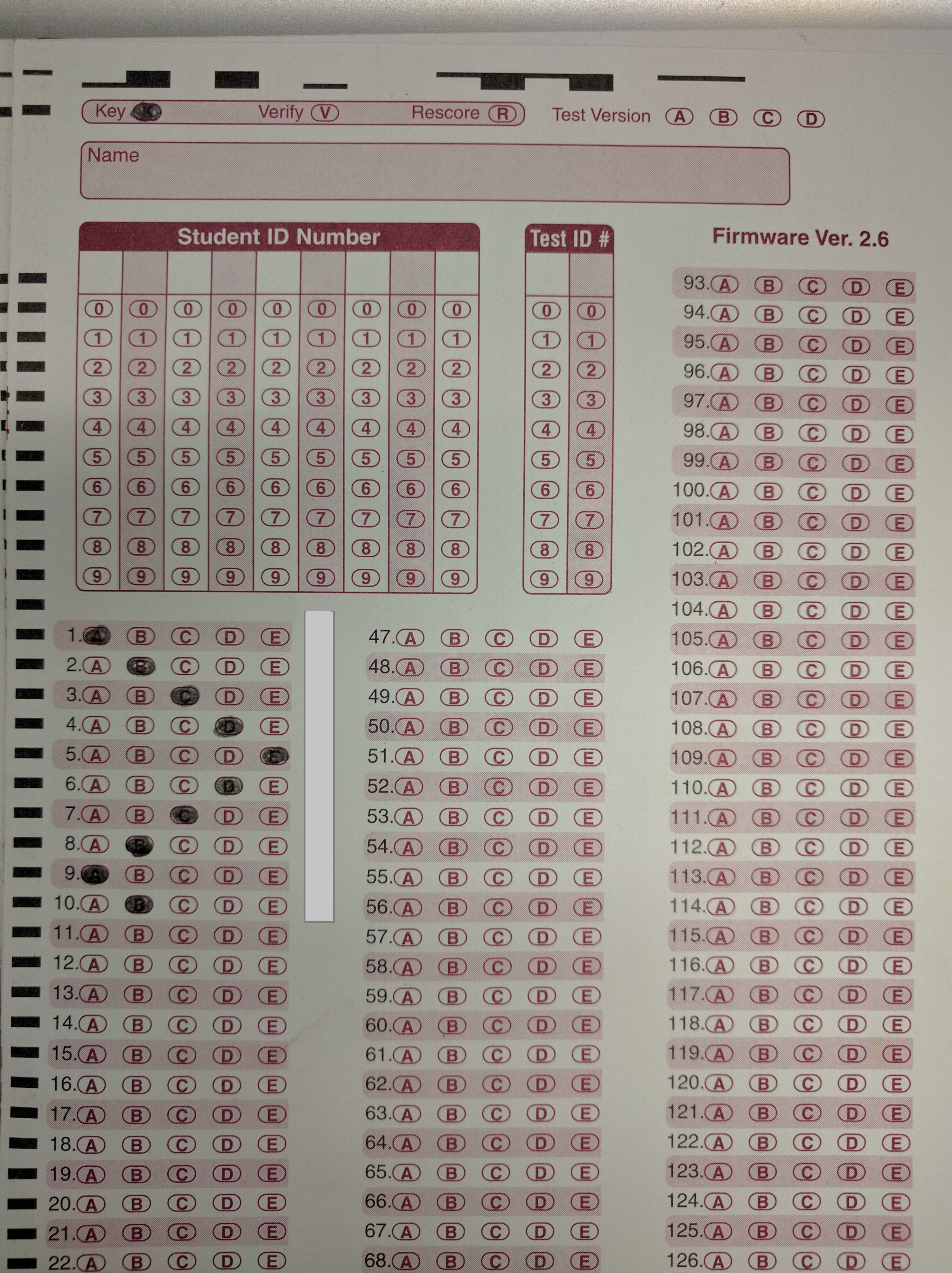 blank scantron sheet with correct answers