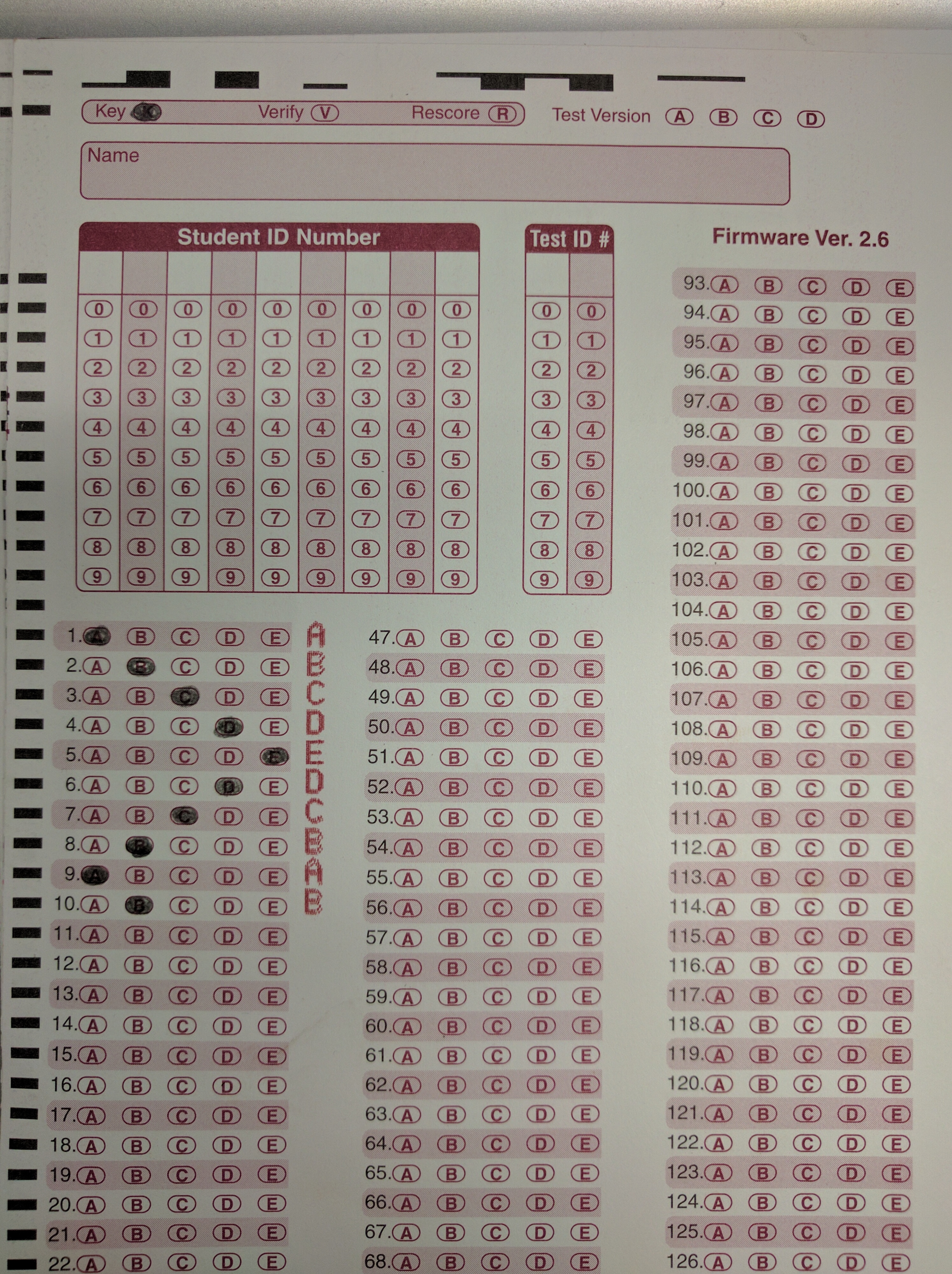 key answers printed next to each question