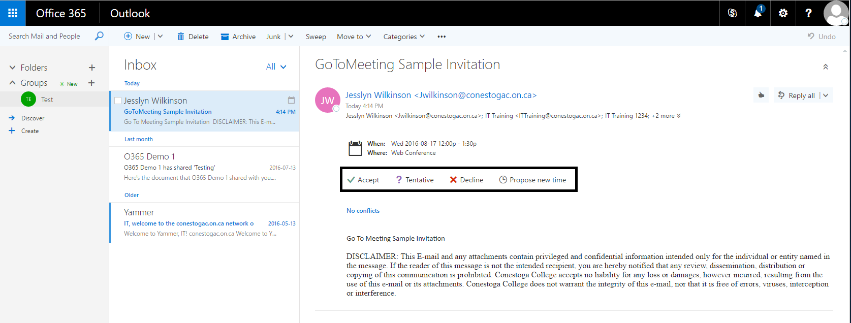 Office 365 confirmation email