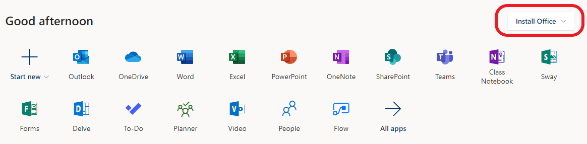 Office 365 landing area, install Office 2016 option indicated